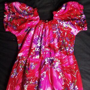 Vintage Pomare Tahiti Day Glow Bark Cloth Hawaiian Dress Maxi High Waist